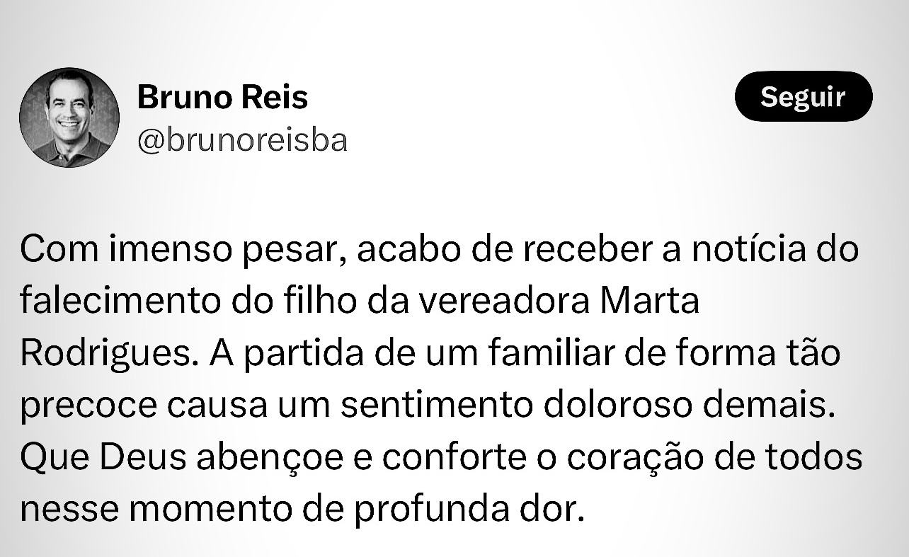 Capa: Bruno Reis lamenta falecimento do filho da vereadora Marta Rodrigues